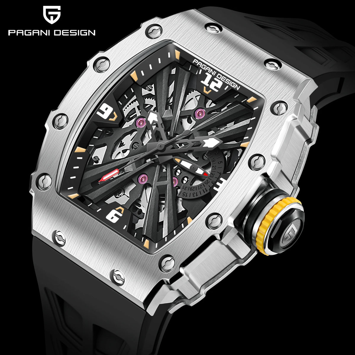 2026 New PAGANI DESIGN Men's Quartz Watches VH65 Movt Skeleton Dial 100M Waterproof Sport Rectangle Sapphire Glass Watch for Men