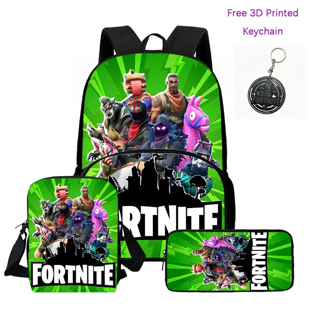 FORTNITE 3Pcs Lightweight Backpack With Front Pocket,Crossbody Bag&Pencil Case For Age 5-10 Boys Girls,Free 3D Printed Keychain