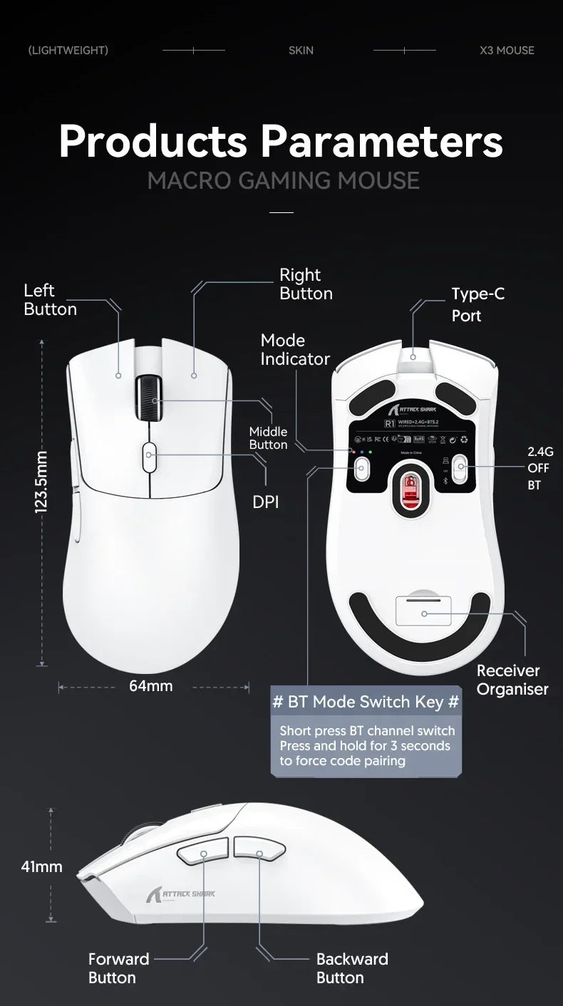 ATTACK SHARK R1 2.4G USB Wireless Bluetooth Gaming Mouse 18K DPI PAW3311 Tri-Mode Connectivity 59g Lightweight For PC Laptop Mac