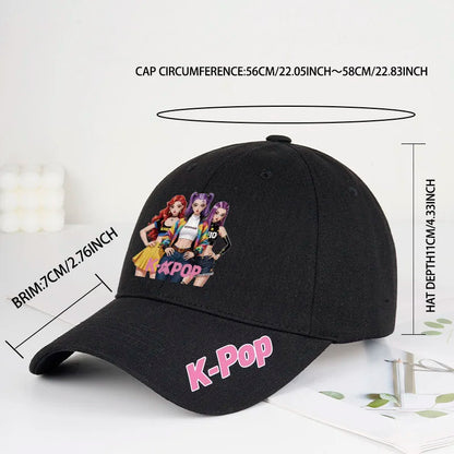 K-Pop Anime Girl Print Black Baseball Cap Adjustable Unisex Korean Music Fan Casual Hat