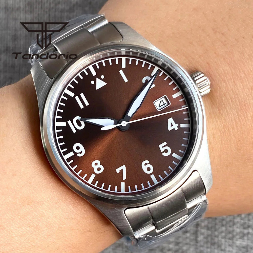 Tandorio 39 mm – męski zegarek automatyczny typu pilot nurkowy, mechanizm NH35/PT5000/Miyota8215, szafirowe szkło AR, wodoodporność 20 barów, świecące wskaźniki