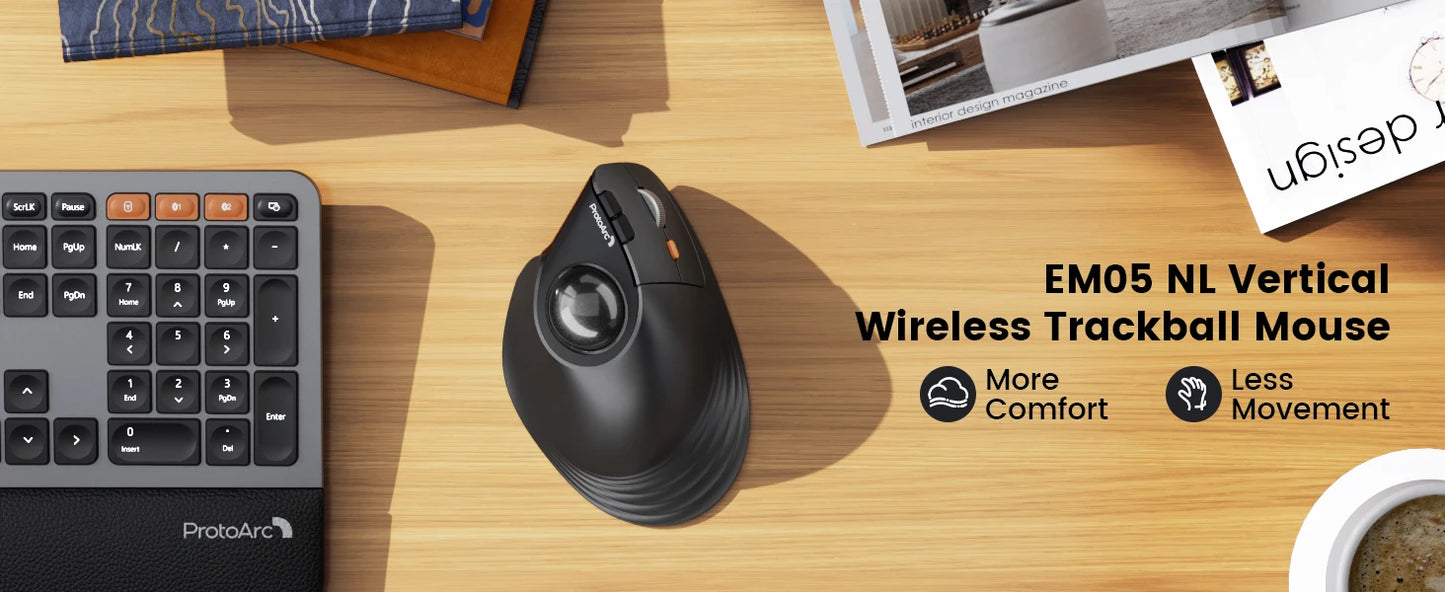 ProtoArc EM05NL Wireless Trackball Mouse Rechargeable Bluetooth Ergonomic Vertical Rollerball Mouse for Computer iPad Mac Windows