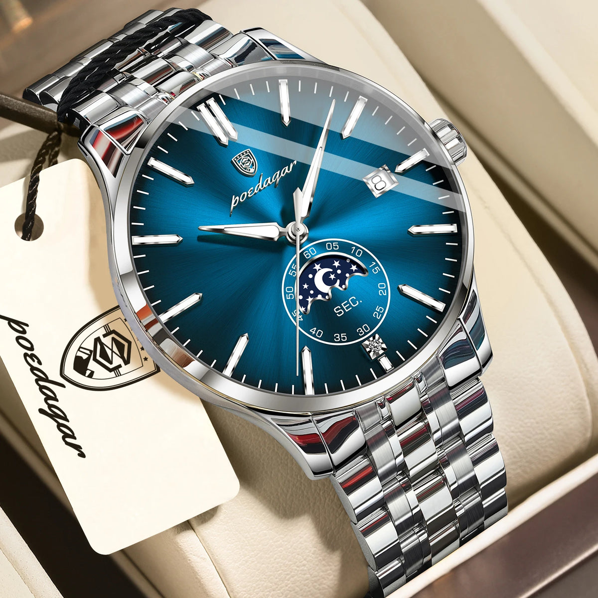 Reloj de lujo para hombre POEDAGAR, estilo informal, de acero inoxidable, de cuarzo, resistente al agua, luminiscente, con fecha, elegante.