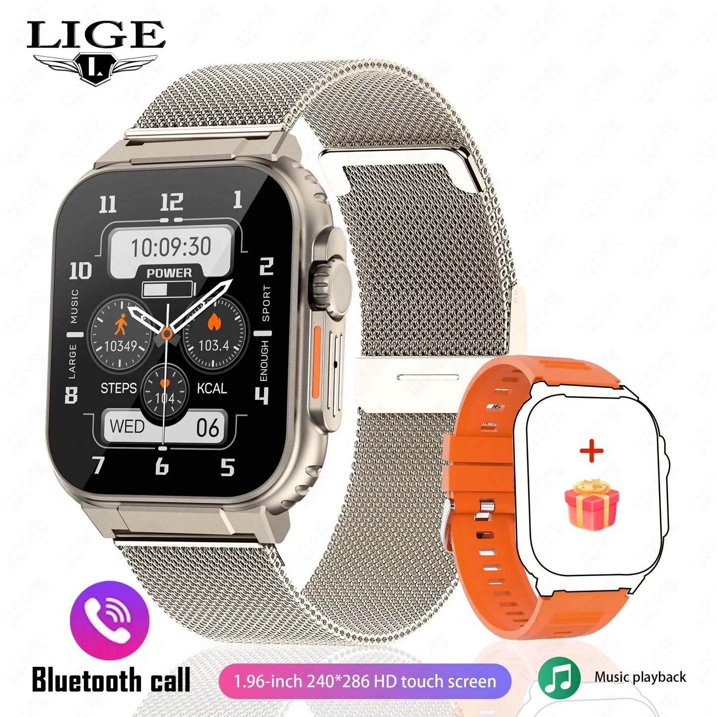 LIGE 600mAh New Ultra Smart Watch Men Bluetooth Call TWS Local Music Sport Clock 1.96'' IP68 Waterproof Relógio Smartwatch Women