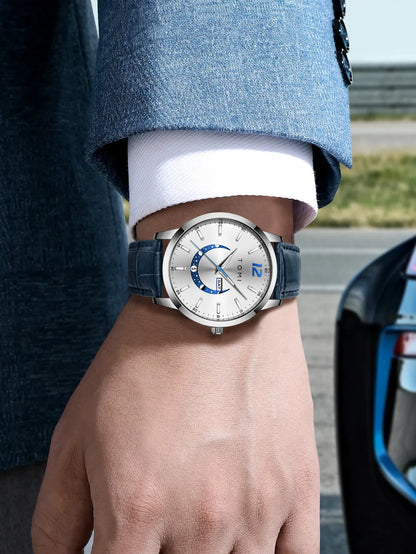 TOMI-kvartsur, elegant i affärsstil, med läderarmband, boett i legering och urtavla med visare – Exklusiv design, presentidé för män