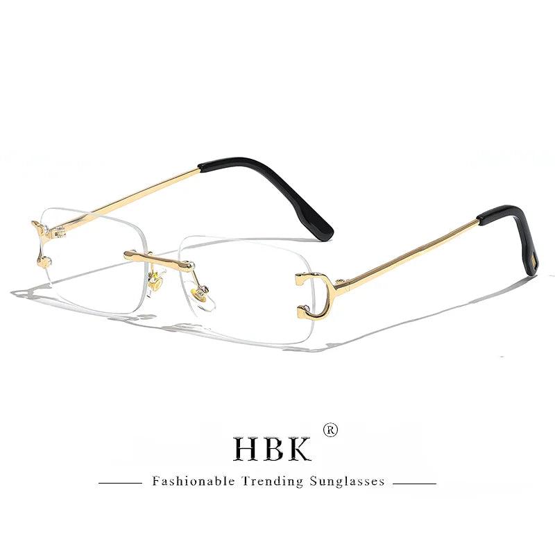 HBK Retro Rimless Sunglasses For Women Men Small Square Gold Frame Brand Design Tea Shades Rectangle UV400 Zonnebril Eyewear