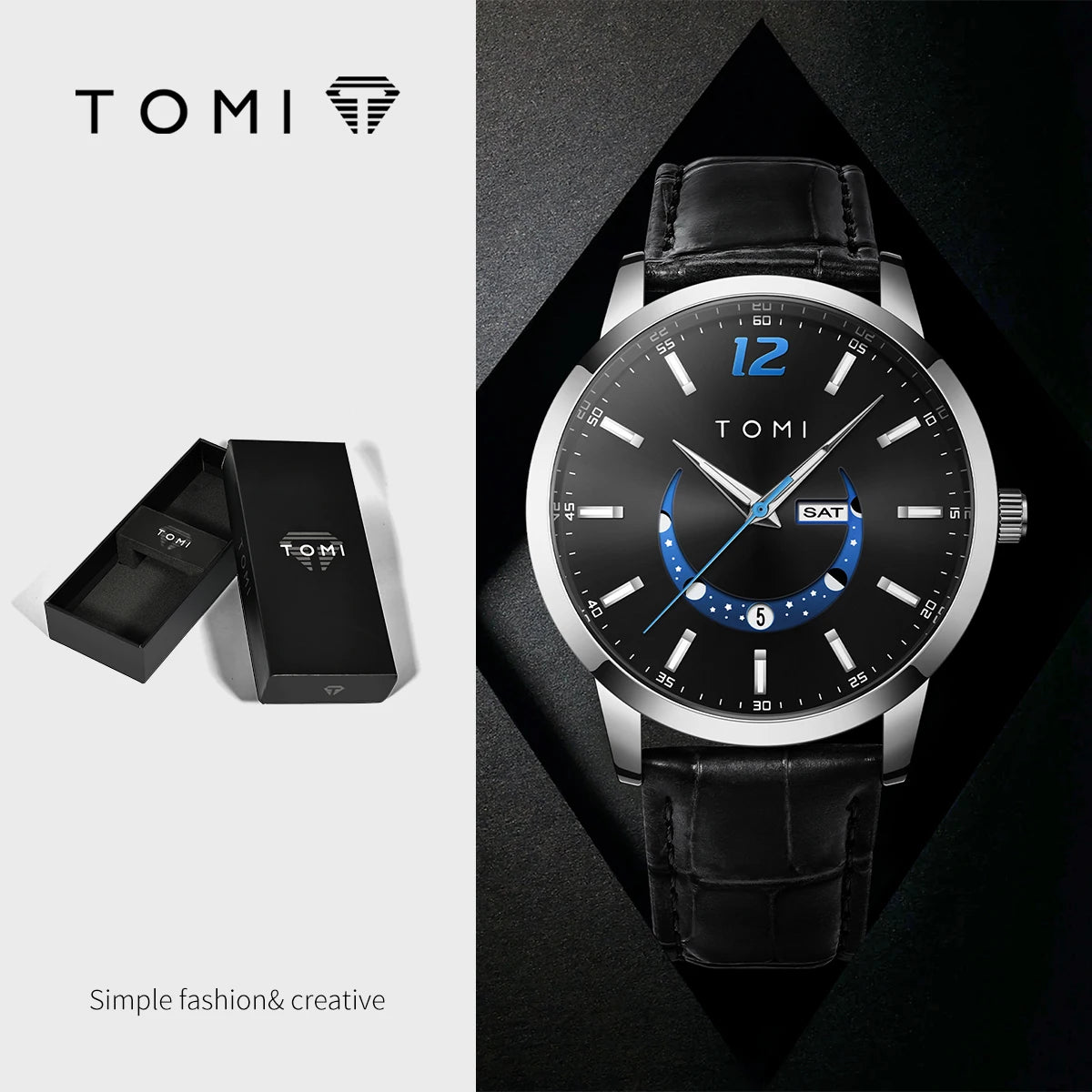 TOMI-kvartsur, elegant i affärsstil, med läderarmband, boett i legering och urtavla med visare – Exklusiv design, presentidé för män