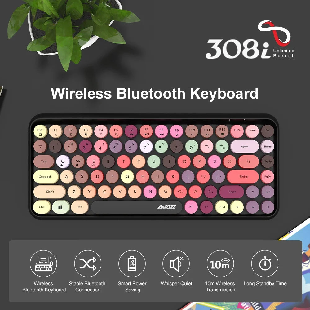 AJAZZ 308i  Wireless Bluetooth Keyboard 84 Keys Rechargeable Retro Round Typewriter Keycaps, Portable Mechanical K