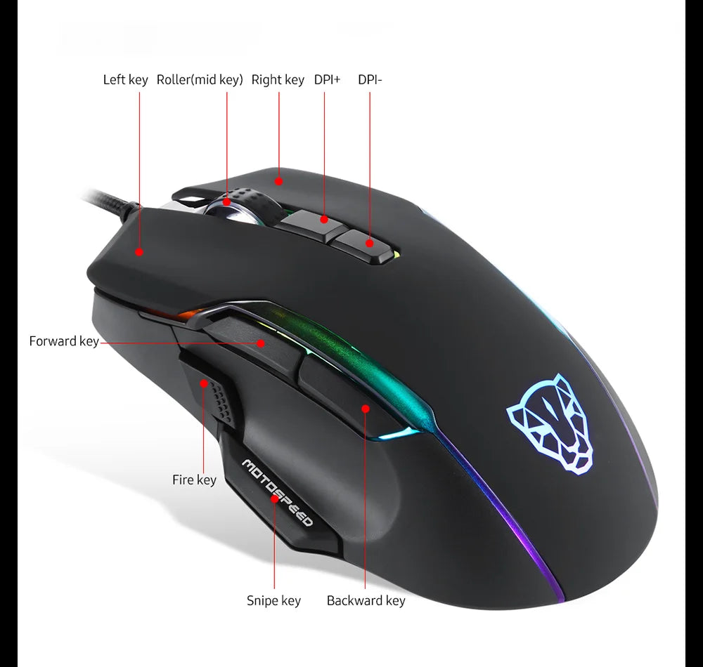 MOTOSPEED V90 Wired Gaming Mouse RGB, 5000 DPI Programmable Gaming Mouse with 9 Buttons, PMW3325 Optical Sensor, USB Wired Gaming Mouse for PC & Laptop