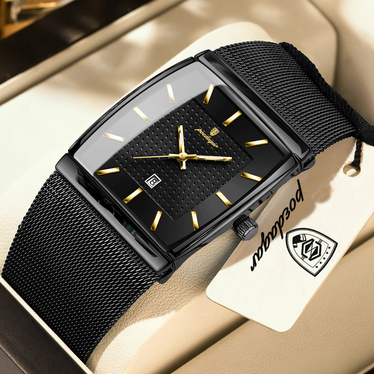 POEDAGAR men’s watch, luxury model, stainless steel mesh strap, date display, water-resistant, luminescent hands, casual style, rectangular case, quartz movement.