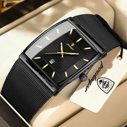 POEDAGAR men’s watch, luxury model, stainless steel mesh strap, date display, water-resistant, luminescent hands, casual style, rectangular case, quartz movement.
