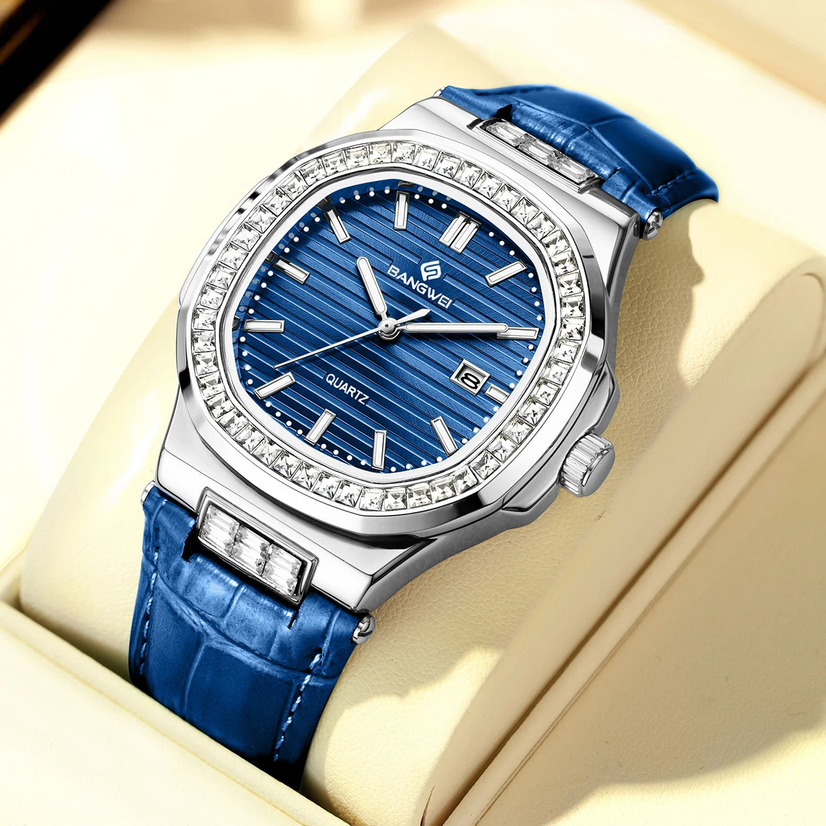New Fashion BANGWEI Elegant Luxury Quartz Woman Watch Simple Dial Diamond Retro Leather Date Waterproof Luminous Women's Watches