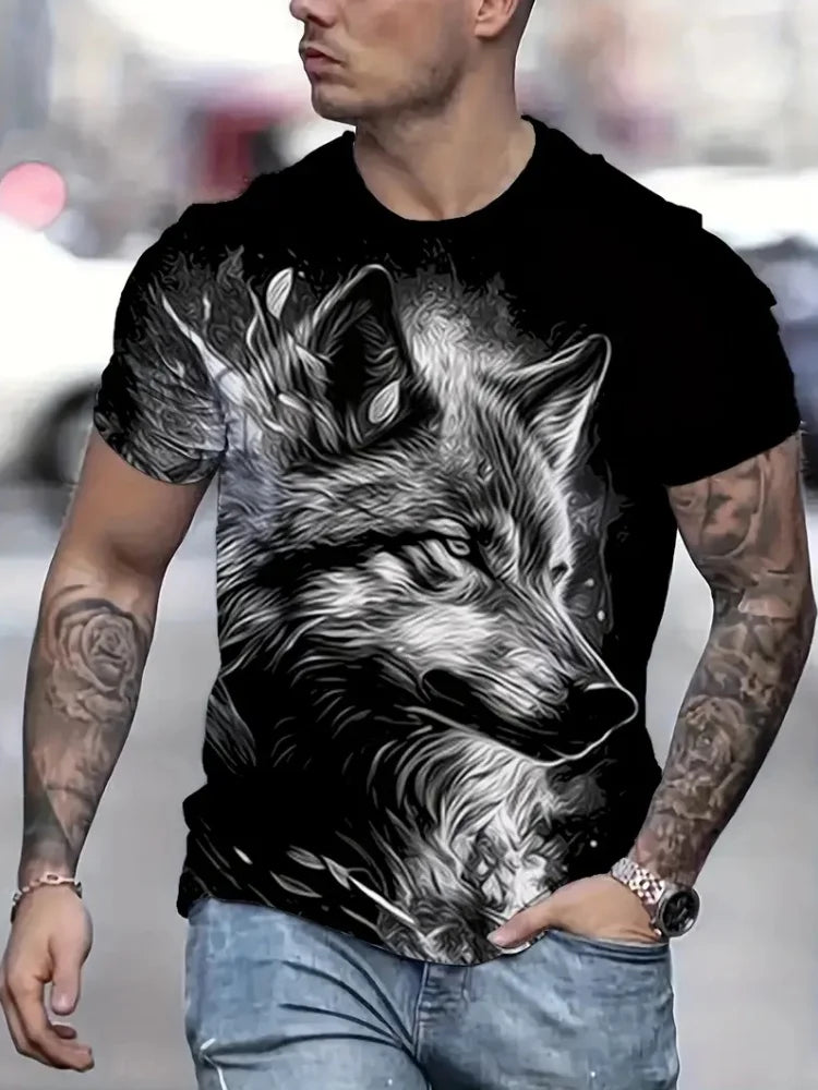 Ανδρικό T-shirt με 3D σχέδιο «Fire Wolf» και γραφικό τύπωμα, καλοκαιρινό, oversized, casual, ανδρική μόδα, γυμναστική, κοντομάνικο, ρούχα, μπλούζες
