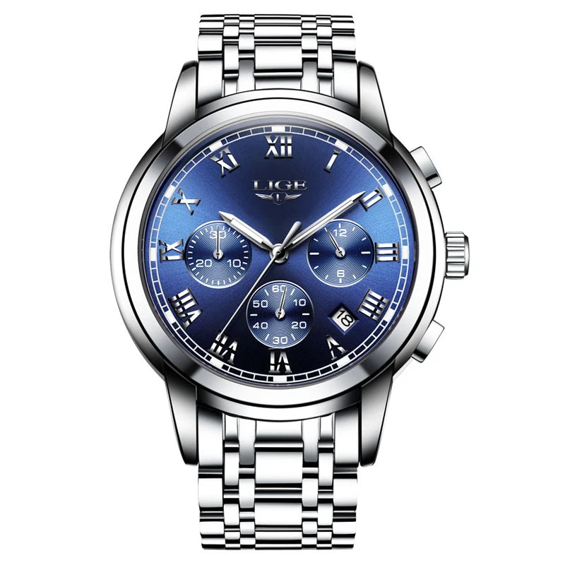 Pánské hodinky LIGE – luxusní chronograf, ležérní sportovní styl, vodotěsné, celokovové, quartzový strojek