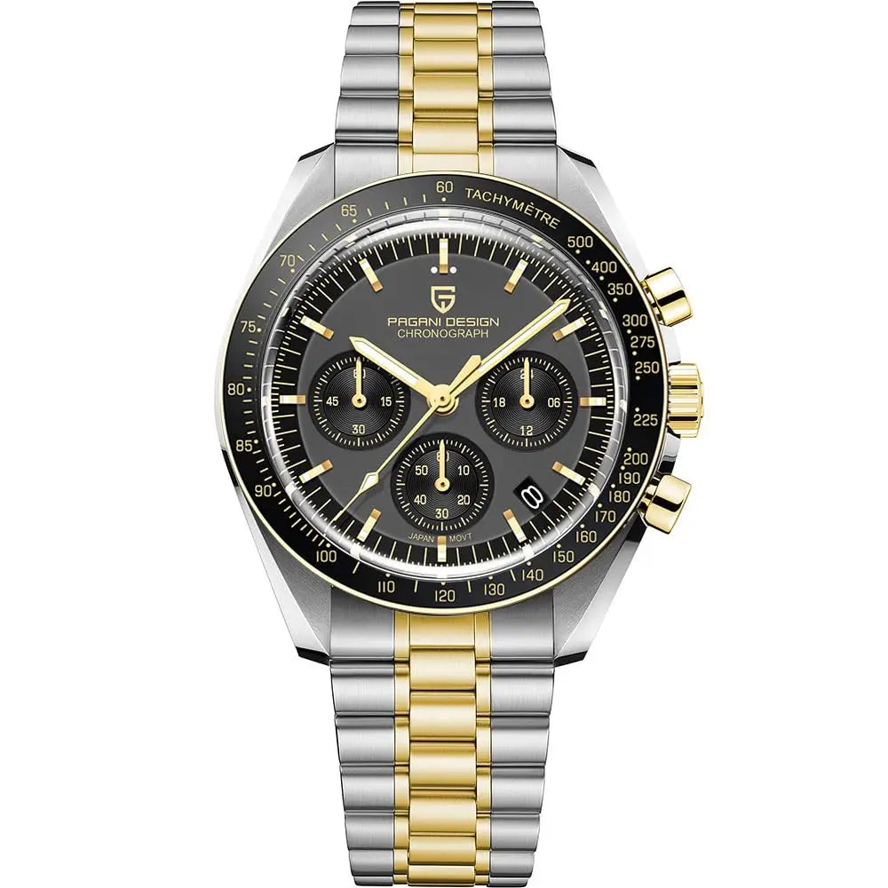 Montre pour homme PAGANI DESIGN « New Moon » – Montre à quartz de luxe, chronographe, verre saphir avec traitement antireflet, lunette en céramique, aiguilles luminescentes