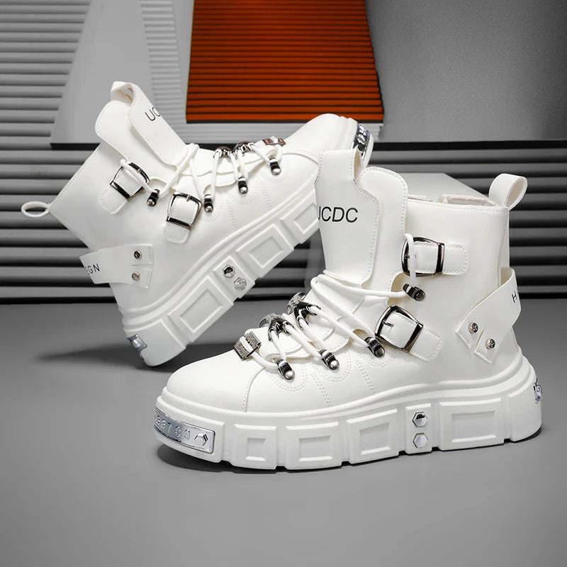 Baskets montantes noires à rivets, mode, pour homme, en cuir, design de luxe, chaussures de ville, style gothique et punk, bottes de moto pour homme, grandes tailles jusqu'à la taille 46