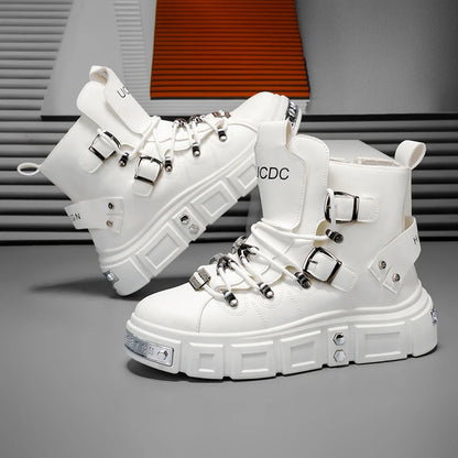 Baskets montantes noires à rivets, mode, pour homme, en cuir, design de luxe, chaussures de ville, style gothique et punk, bottes de moto pour homme, grandes tailles jusqu'à la taille 46