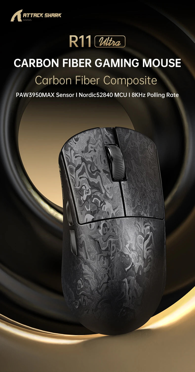 Attack Shark R11 Ultra 8K Carbon Fiber Gaming Mouse, PAW3950MAX, 49g Ultra-Lightweight, Wireless 8000Hz Polling, Tri-Mode