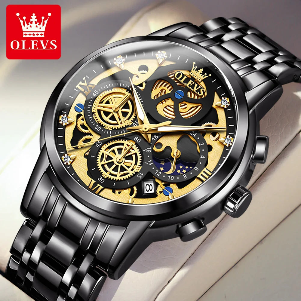 Montre pour homme OLEVS – Modèle de luxe, étanche, à quartz, style squelette, affichage 24 heures (jour/nuit), coloris doré