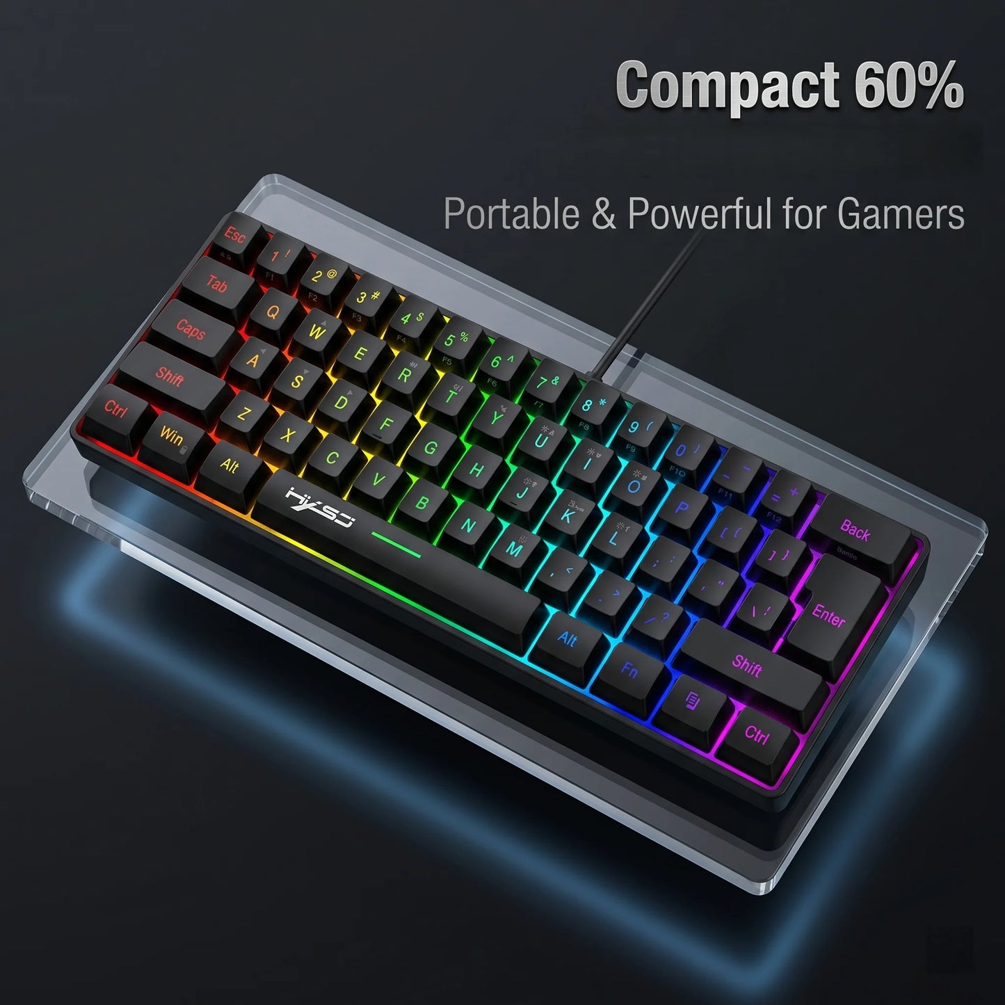 60% RGB Backlit Gaming Keyboard, Compact 61-Key Mini Wired Office Keyboard with Ergonomic Design, USB Connectivity Sleek