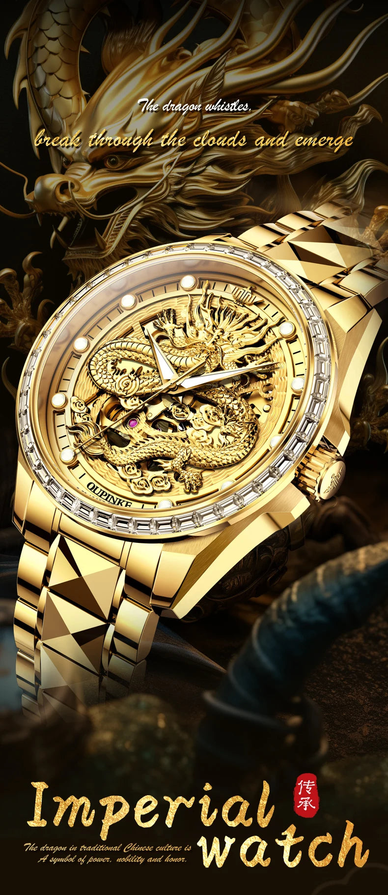 OUPINKE Men's Watches Top Brand Luxury Gold Tungsten Steel Original Automatic Mechanical Wristwatch Featured Dragon Pattern Dial