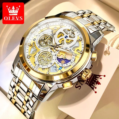 Montre pour homme OLEVS – Modèle de luxe, étanche, à quartz, style squelette, affichage 24 heures (jour/nuit), coloris doré