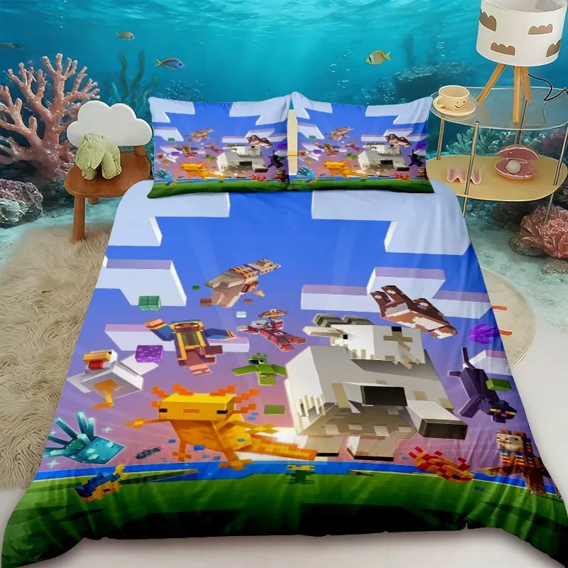 Pościel dla dzieci z motywem kreskówkowym Minecraft – zestaw pościelowy z poszewką na kołdrę w rozmiarze Queen, King i Full z 1/2 poszewką na poduszkę do sypialni