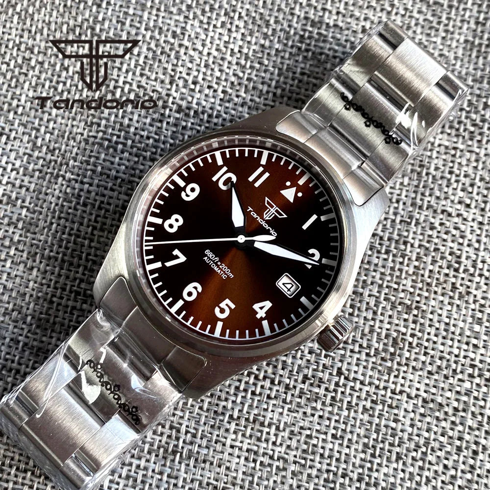 Tandorio 39 mm – męski zegarek automatyczny typu pilot nurkowy, mechanizm NH35/PT5000/Miyota8215, szafirowe szkło AR, wodoodporność 20 barów, świecące wskaźniki
