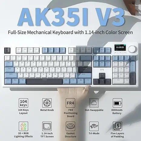 Ajazz AK35I V3 MAX – klawiatura mechaniczna do gier z baterią 8000 mAh, trzy tryby pracy: przewodowy, Bluetooth i bezprzewodowy, możliwość wymiany na gorąco, kolorowy ekran TFT