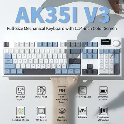 Ajazz AK35I V3 MAX – klawiatura mechaniczna do gier z baterią 8000 mAh, trzy tryby pracy: przewodowy, Bluetooth i bezprzewodowy, możliwość wymiany na gorąco, kolorowy ekran TFT