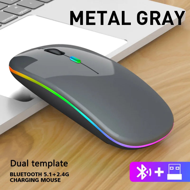 Wireless Mouse with Bluetooth and 2.4GHz Dual Modes Rechargeable RGB Ergonomic Silent Click for PC iPad Laptop Cell Phone TV