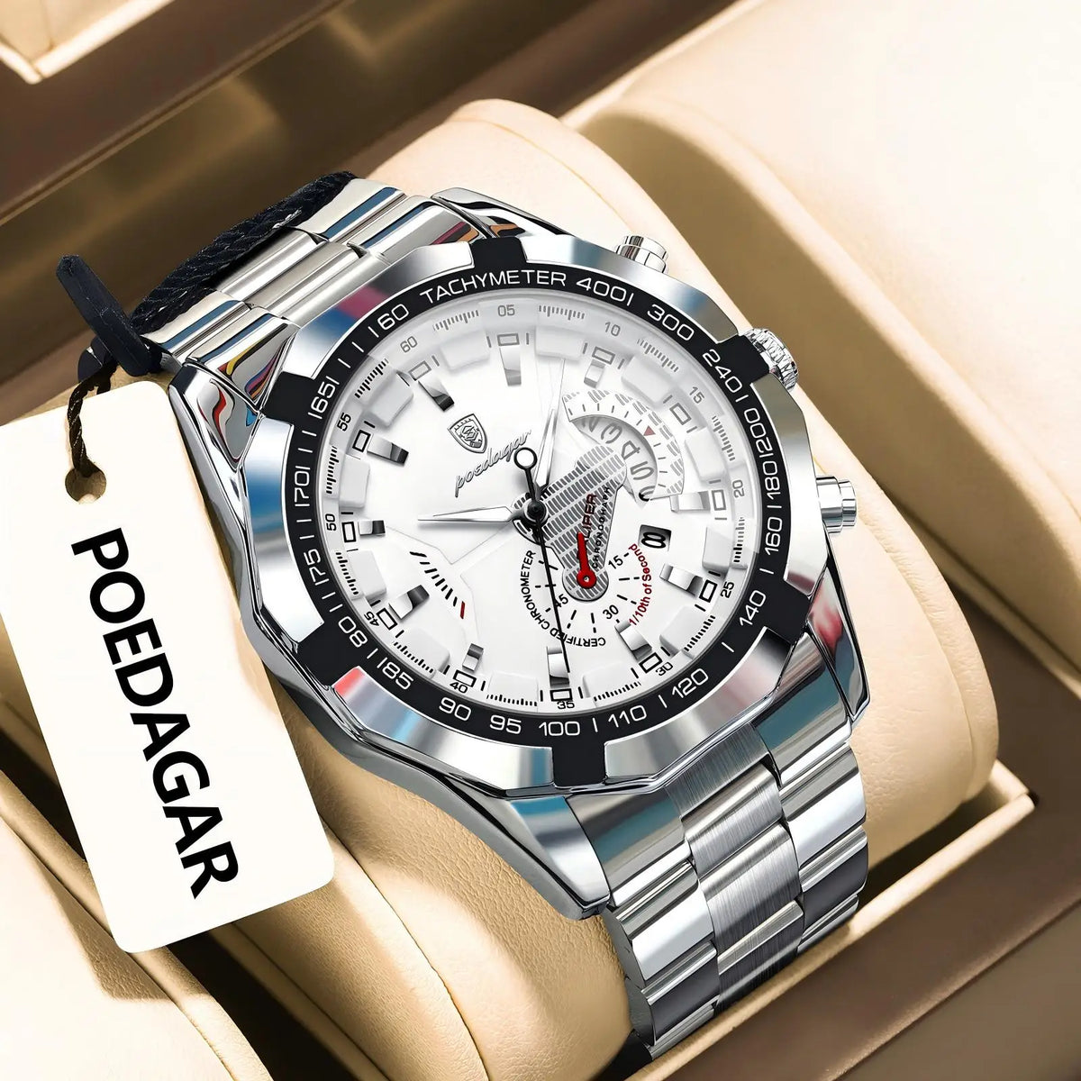 POEDAGAR luxe herenhorloge, waterdicht, verlicht, datum, sportief, roestvrijstalen band, quartz uurwerk.