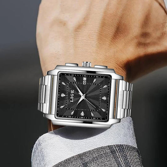 Relógio de homem LIGE – Estilo militar e moderno, caixa quadrada, cronógrafo de quartzo, resistente à água, marca de luxo