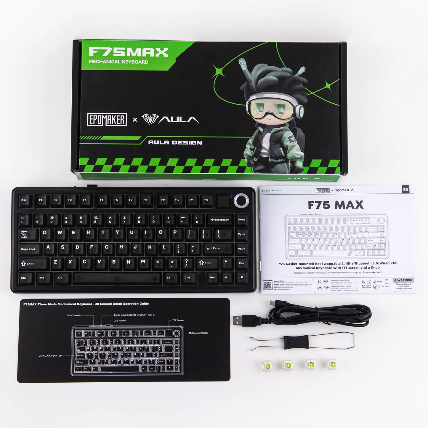 EPOMAKER X AULA F75 MAX Tastiera meccanica compatta 75% con layout ANSI, connessione cablata/Bluetooth/wireless 2.4GHz, schermo TFT e manopola