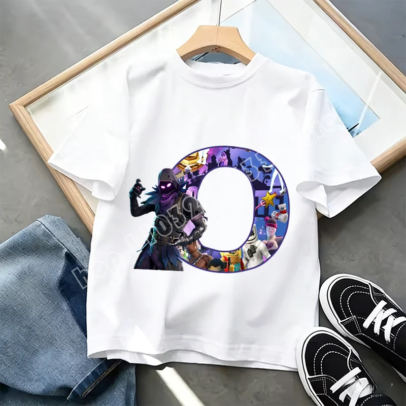 Fortnite A-Z Alphabet Print T-Shirt für Kinder, Sommer, weiß, beliebtes Cartoon-Game-Shirt, modisches Casual-Kurzarmtop, Geschenk