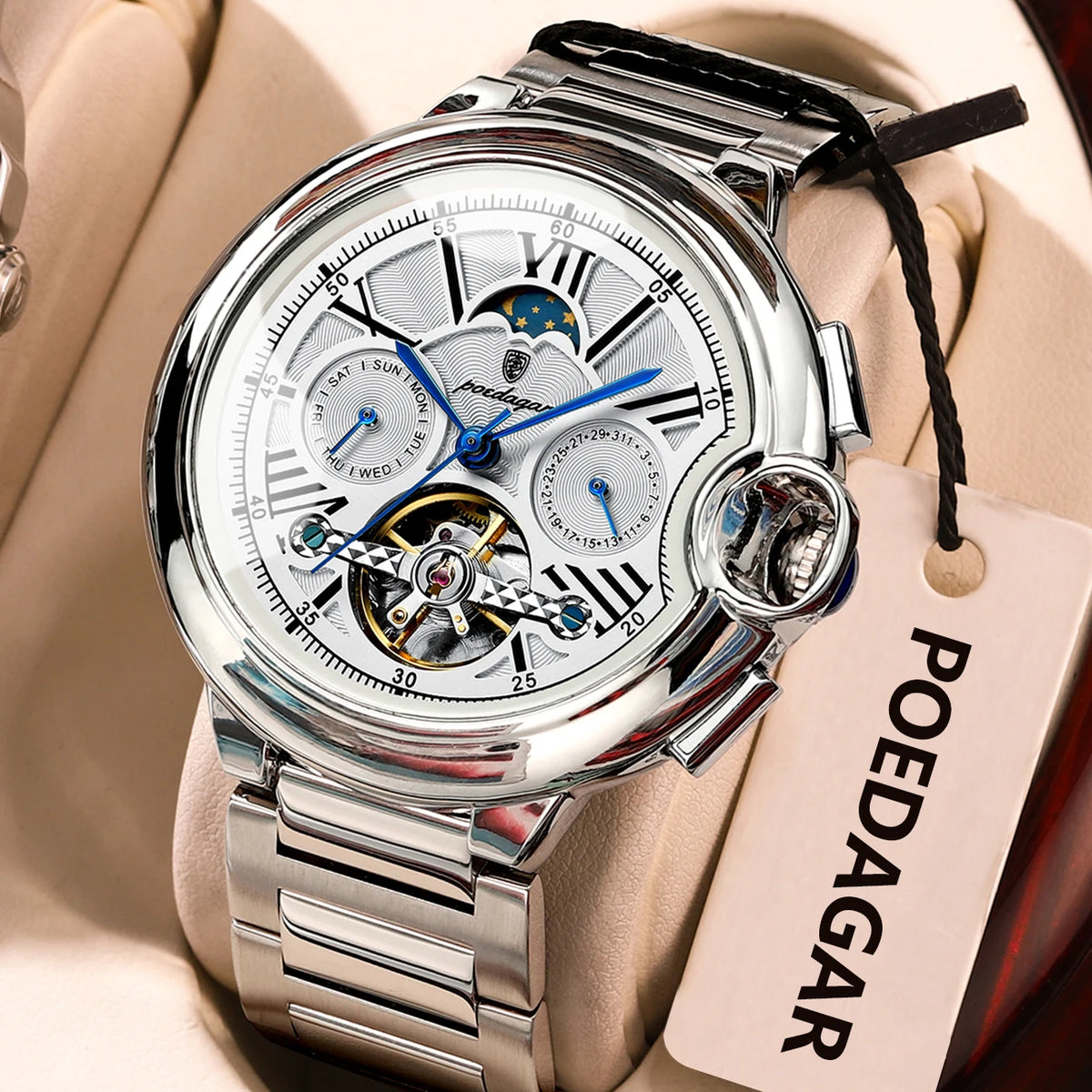 Orologio da uomo POEDAGAR, in stile lussuoso e professionale, con indicazione della data e del giorno, tourbillon, cassa in acciaio inossidabile, movimento meccanico a carica automatica e impermeabilità.