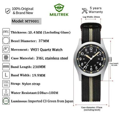 MILITREK 2026 New Military Retro Men's VH31 Quartz Watch 37mm Sapphire Stainless Steel 100m Waterproof C3 Luminous Watch for Men