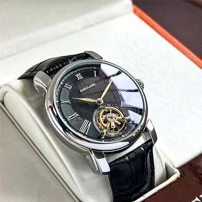 Montre mécanique automatique pour homme – Design ajourélégant, style « business casual » tendance, boîtier en alliage et bracelet en cuir, sans pile