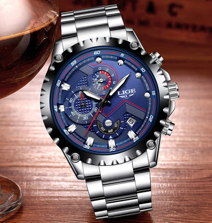 Montre pour homme LIGE – Montre à quartz tendance, marque de luxe, tout en acier, style professionnel, étanche et sportive – Livrée avec boîte