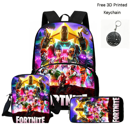 FORTNITE 3Pcs School Backpack Set,Front Pocket Bag Crossbody Pencil Case,Age5-10 Boys Girls Lightweight,Free 3D Printed Keychain