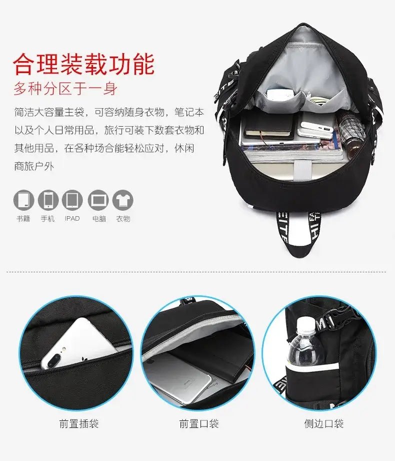 Zaino Fortnites di grande capacità, borsa casual a tracolla con porta USB, unisex, stile anime, cartella per studenti, nuovo regalo di cancelleria elegante