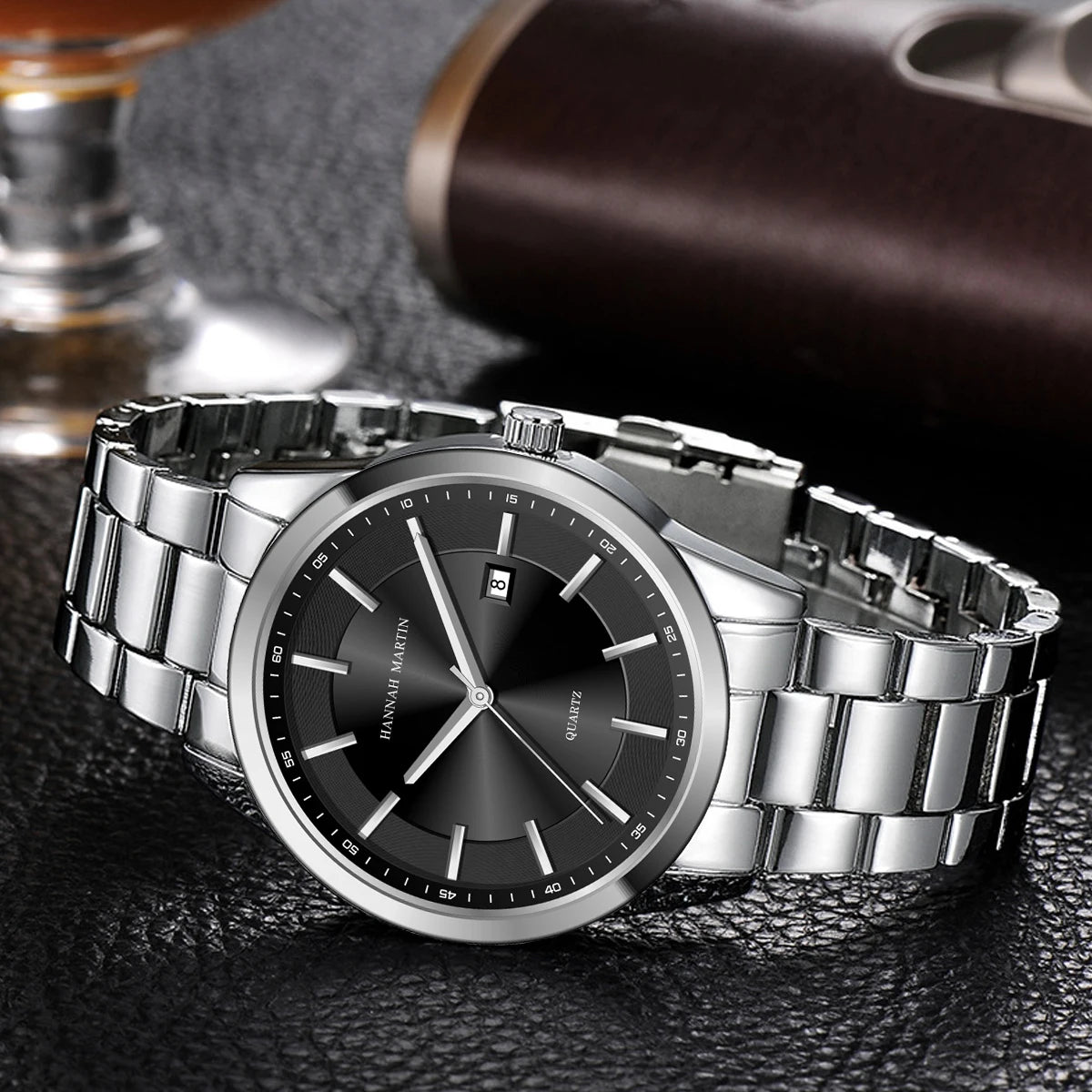 Ρολόι χαλαζία HANNAH MARTIN, 40 mm, για άνδρες, μπρασελέ από μαύρο ανοξείδωτο ατσάλι, αδιάβροχο έως 3 bar, στυλ sport-chic