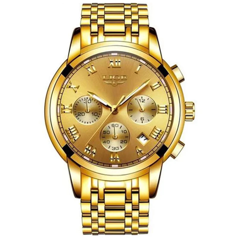 Pánské hodinky LIGE – luxusní chronograf, ležérní sportovní styl, vodotěsné, celokovové, quartzový strojek