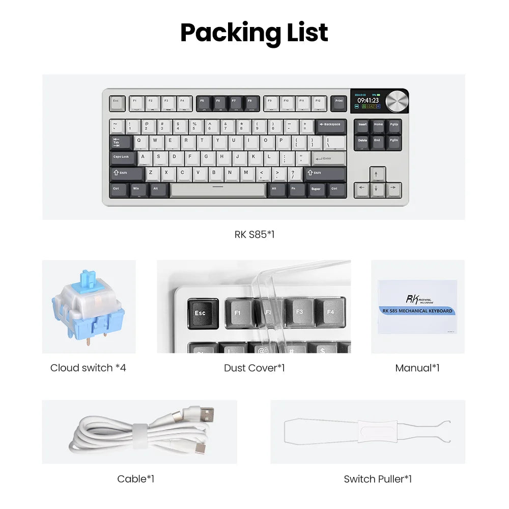 RK ROYAL KLUDGE S85 TFT Color Screen Mechanical Keyboard Tri Mode Wireless 85 Keycaps Hot-Swappable Gamer Keyboard RGB Backlit