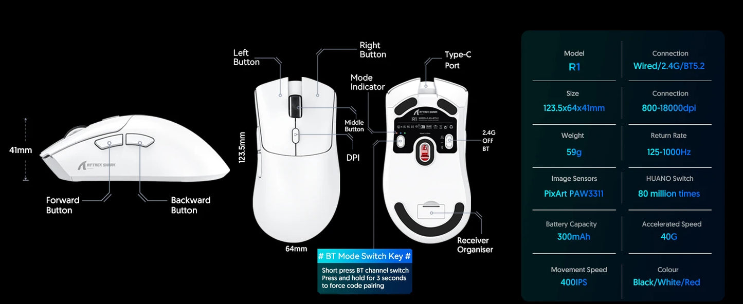 Геймърска мишка ATTACK SHARK R1 Tri-mode, сензор PixArt PAW3311, 18000 DPI, 1000hz, ултралека 59g за голяма ръка, за PC/Mac