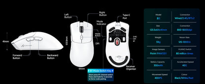 Геймърска мишка ATTACK SHARK R1 Tri-mode, сензор PixArt PAW3311, 18000 DPI, 1000hz, ултралека 59g за голяма ръка, за PC/Mac