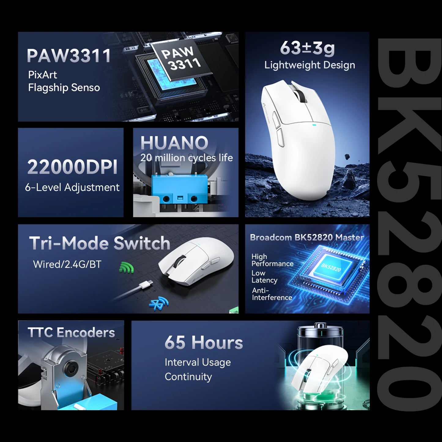 ATTACK SHARK X11 Gaming Mouse and X11 SE Wireless Mouse 22000 DPI, PAW3311 Sensor, BT/2.4G/Wired, 59g Lightweight, 2000W Clicks