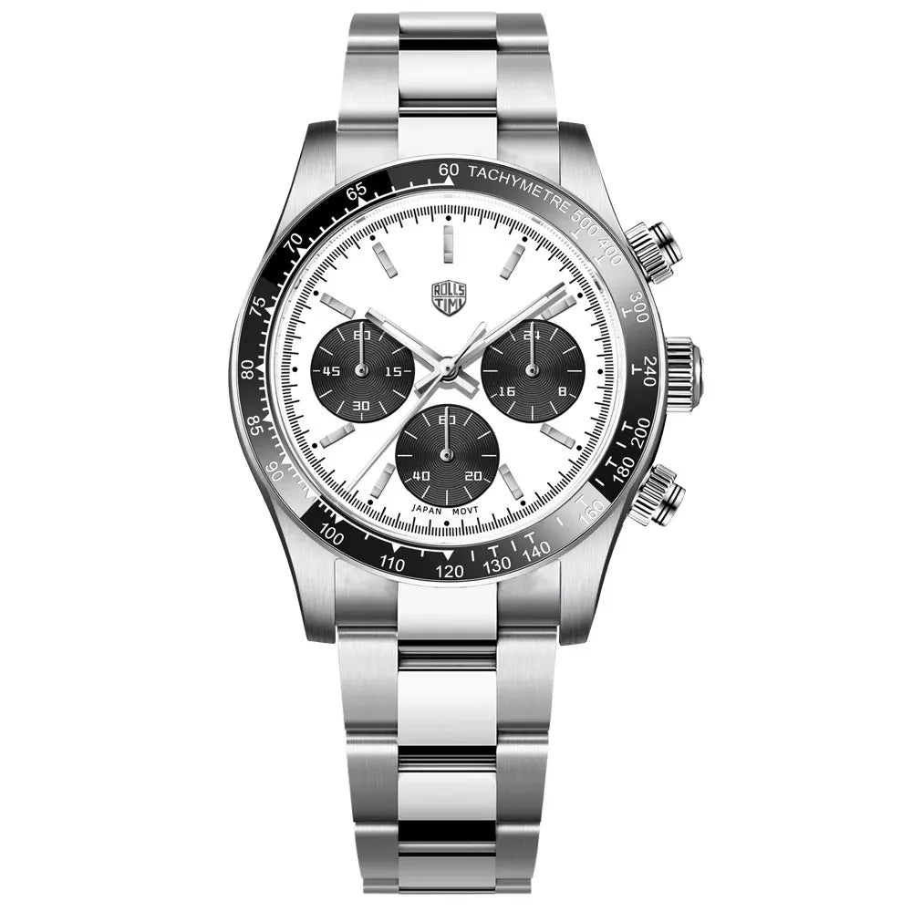 Herreur Rolls Timi Panda – Kvarts-kronograf, luksusmodel, safirglas med antirefleksbehandling, vandtæt, sporty stil