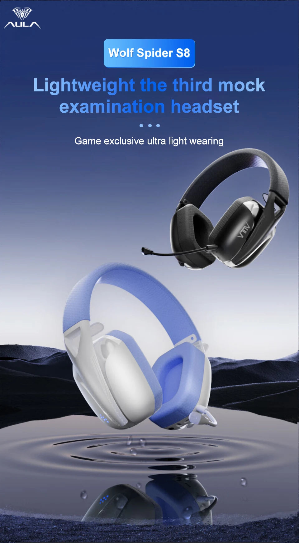 AULA S8 Gaming Headset Triple-Mode Wireless Bluetooth 5.3 Gaming Headset with Detachable Microphone, Lightweight Gaming Headset for PC, PS5, Switch & Mobile