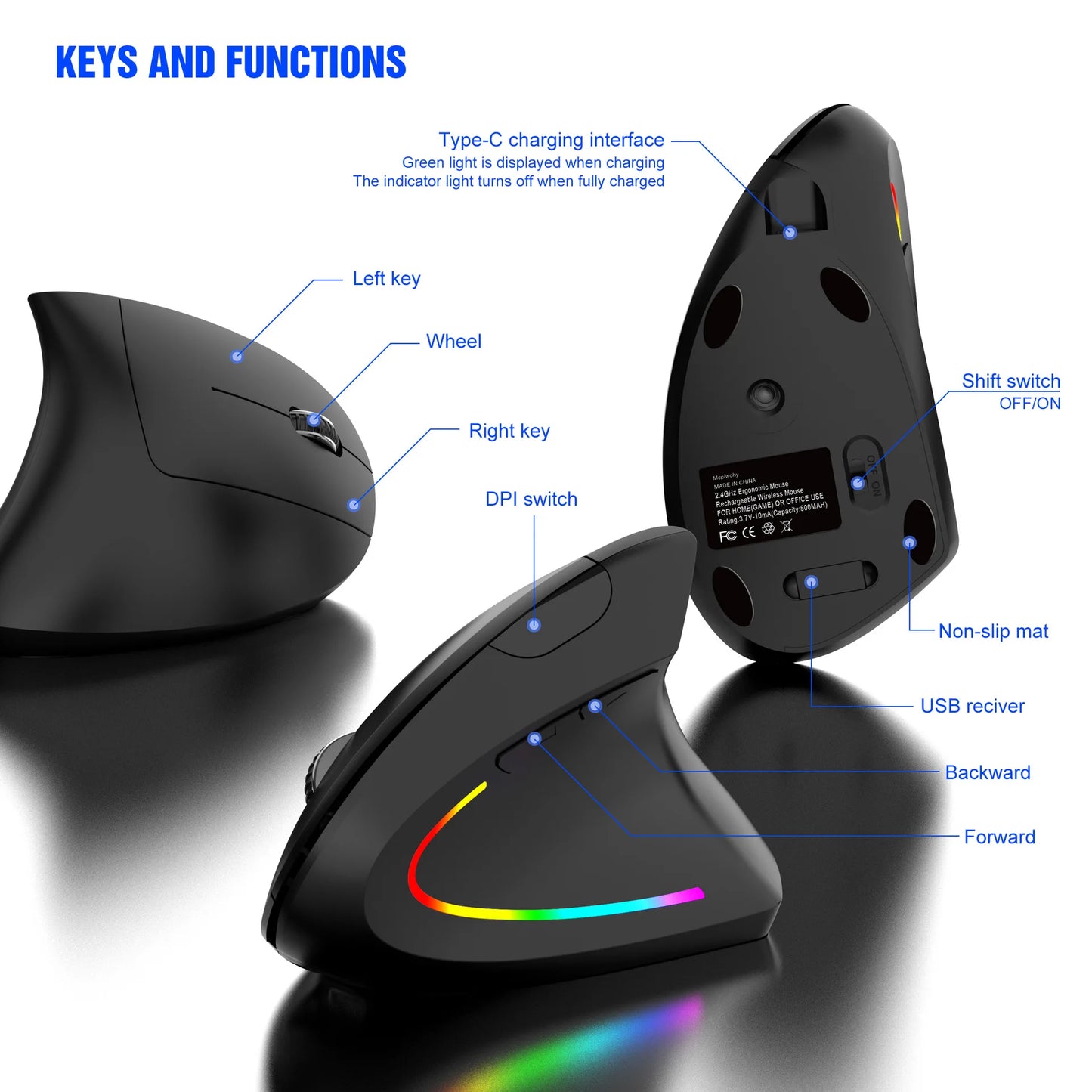 Wireless Vertical Mouse 2.4GHz Ergonomic Optical Mouse, Adjustable DPI Wireless Vertical Mouse with RGB Backlight for Laptop, PC, Mac, Tablet & Office